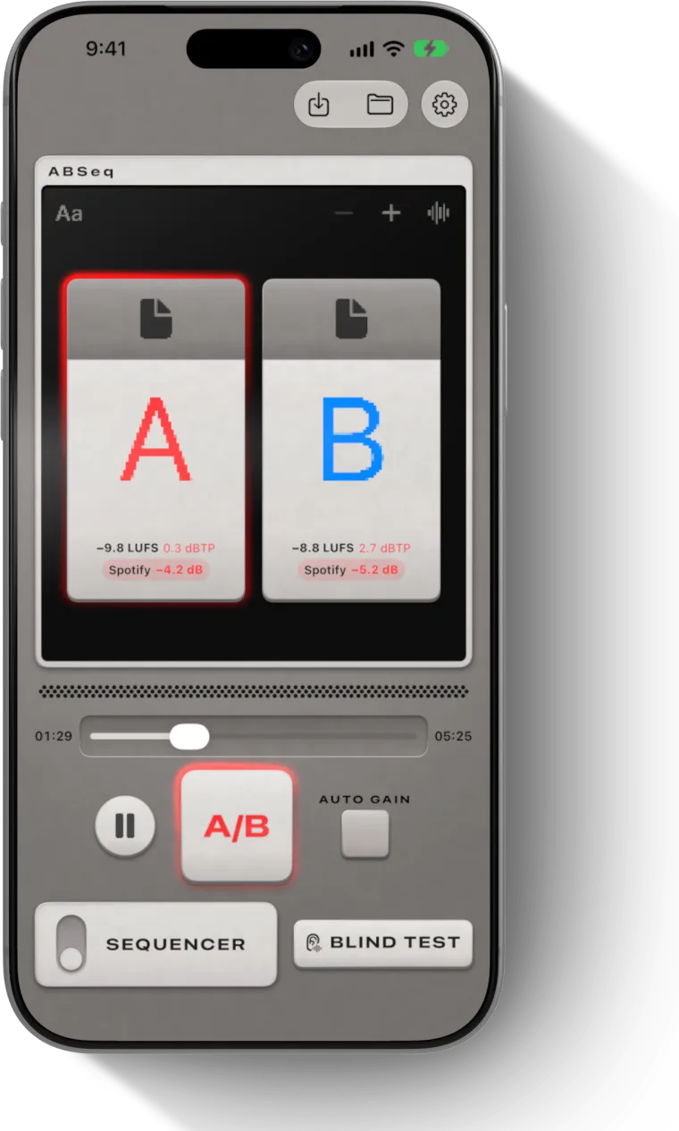ABSeq على iPhone يشغّل نسختين من أغنية بتزامن، مع مفتاح A/B وقراءات LUFS وdBTP على كل مسار