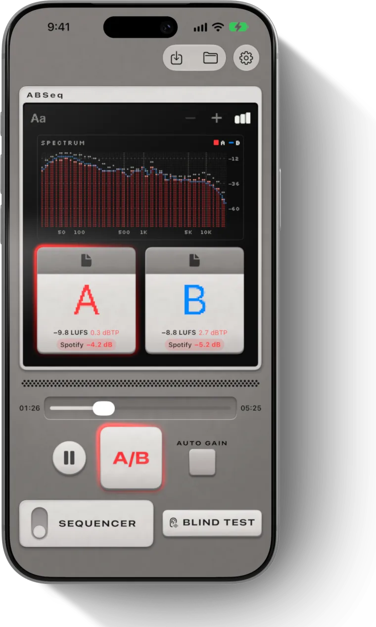 ABSeq spectrum view with the playing track as bars and the compared track as a line across 39 bands